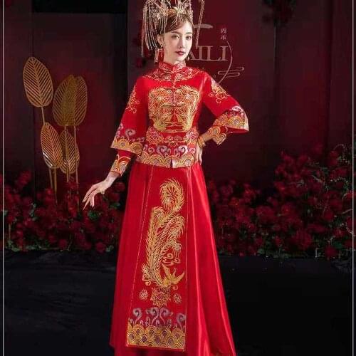 Red Bride Wedding Dress Toast Clothing Female Chinese Traditional Slim Qipao Elegant Cheongsam Classic Long Sleeve Qipao Dress