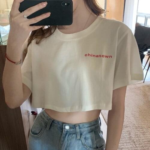 Crop Top T-Shirt Female Letter Short Sleeve O-Neck T-shirts High Waist Short Tops Tee Streetwear White