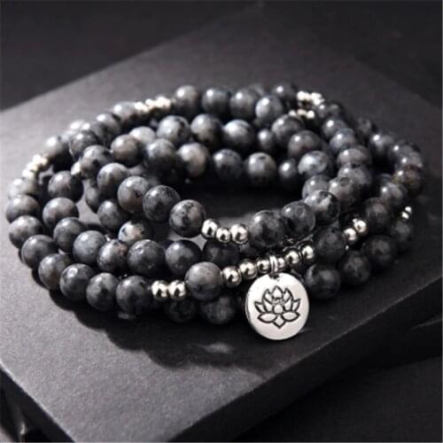 Yoga Mala bracelets “Buddha Lotus life Tree OM” of 108 pearls in Natural Labradorite Stone Bracelet For Women Men Rosary Jewelry