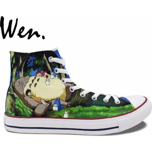 Wen Blue Anime Hand Painted Shoes My Neighbor Totoro Men Womens High Top Canvas Sneakers for Birthday Gift
