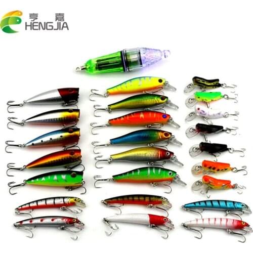25 Pcs/Pack Mixed 4 Style Fishing Lures Set +Led Light Minnow Popper Grasshopper Insect Lure Artificial Bait Sea Fishing Tackle