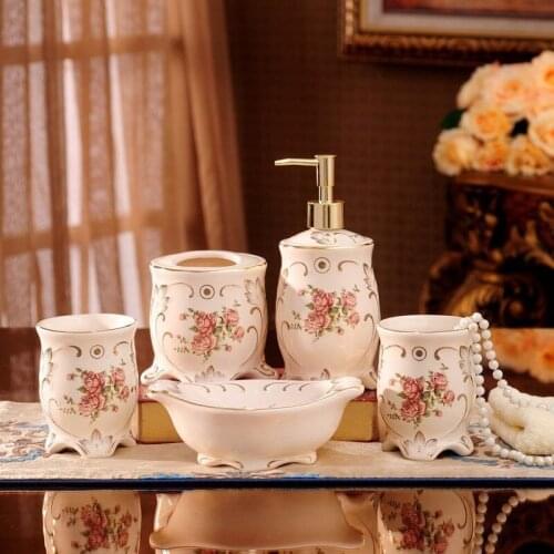 Bathroom Set Ceramic Liquid Soap Dispenser/Dish Toothbrush Holder Gargle Cup 5 Piece Sets Birthday Presents Rose Finished