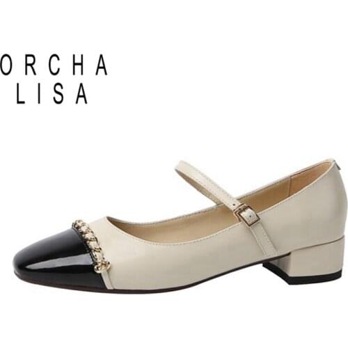 ORCHALISA 2021 New Women genuine leather shoes Patent leather Round toe Chain Buckle Square heel Fashion Sweets Female Single