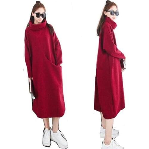 Autumn Winter Women Pullover turtleneck dress Thickening Female warm Sweater dress with velvet plus size DRESS S-5XL 6XL BLACK