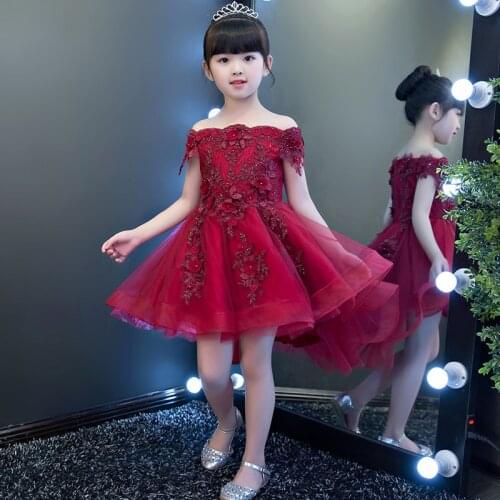 2018 Sweet Flower Girl Dresses for Wedding Shoulderless Red Tulle Appliques Girls Party Ball Gown First Communion Dress
