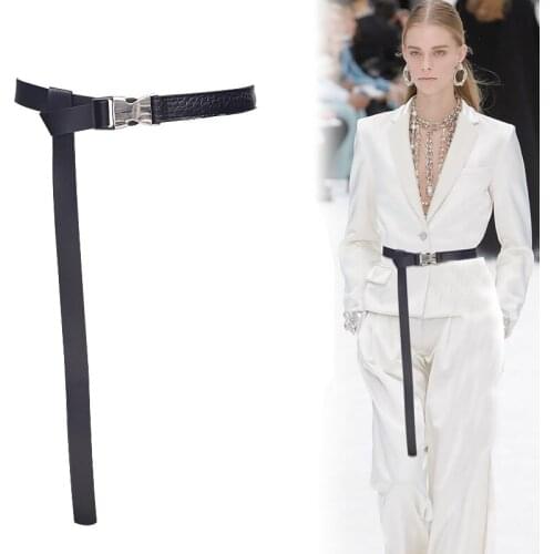 NEW Long Soft PU Leather faux Crocodile patchwork knot Belt silver Automatic Buckle thin knotted Strap Belts For Women coat jean