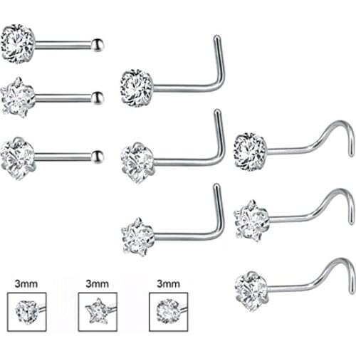 3 Pcs Screw Nose Studs Set I L Shape Tragus Ring Ear Studs Round Star Heart Cubic Zirconia Surgical Steel Nose Piercing 20G