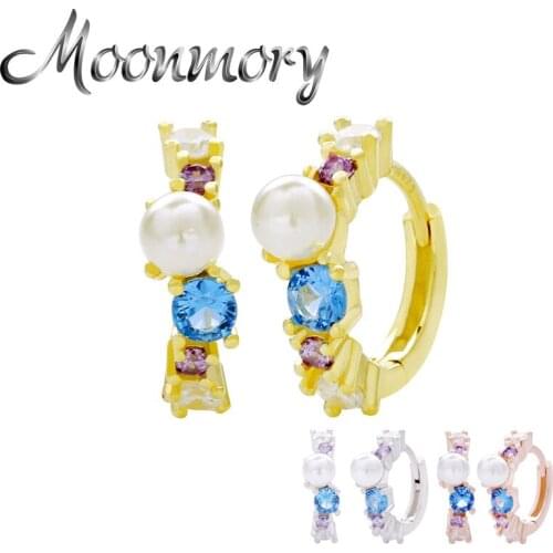 Moonmory 925 Sterling Silver Clear Pearl Zircon Under The Sea Hoop Huggies Earring For Women Big Pearl Circle Earring Jewelry