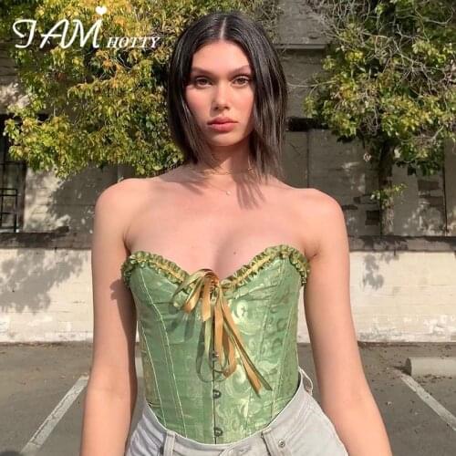 Ruched Jacquard Front Tie Up Bustier Corset Top Tee Women Vintage Elegant Bandage Sleeveless Backless Club Party Cami Iamhotty