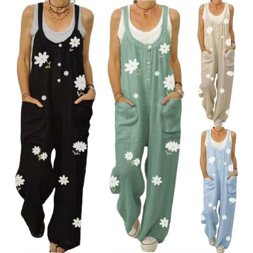 Plus Size Overalls for Women Floral Print Sleeveless Overall Jumpsuit Rompers with Pockets Button Women Jumpsuit Bib Overalls