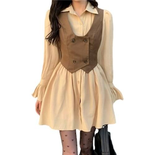 Retro Fashion Women Two Piece Dress Sets Flare Sleeve Shirt Dress+double Breast Slim Short Vest Waistcoat 2pc Matching Suits