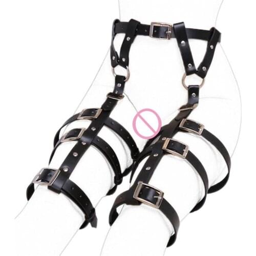 Women Sexy Punk PU Leather Body Harness Garter Belt Adjustable Waist Leg Cincher Cage Belt Free Size 6 Leg Rings Fetish Costume