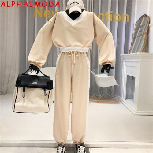 ALPHALMODA Casual Sports Suit Female 2020 Autumn New Loose Hit Color Sweatshirt + Pants Women 2pcs Trendy Tracksuit