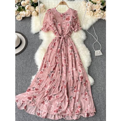 Summer Bohemian Vacation Chiffon Long Dress Women Black/Blue/Pink/Beige Pleated Vestidos Female Ruffle Robe 2021 New Fashion