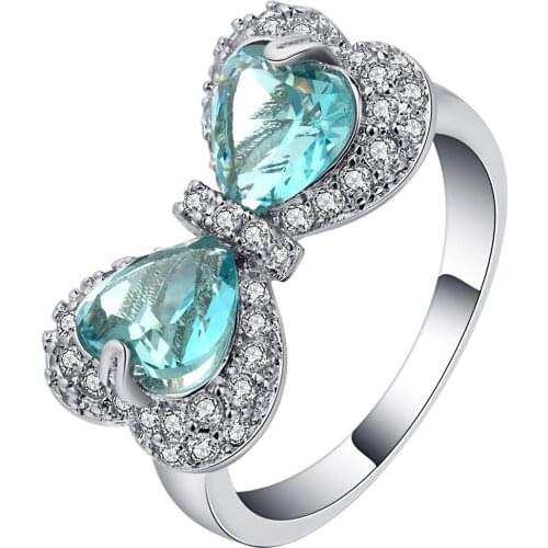 Fashion Sky Blue Crystal Heart Bowknot Created Jewelry Rings Elegant Love Forever Bands Finger Rings For Women Custom Jewelry