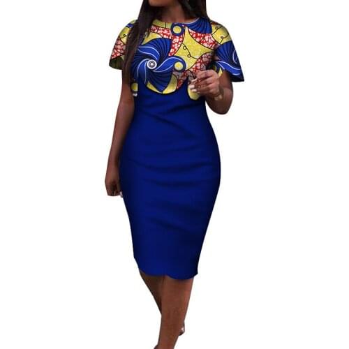 M Size In Stock Women African Mid-Calf Dress Navy Blue African Wax Print Dress Robe Africaine WY3932-XH