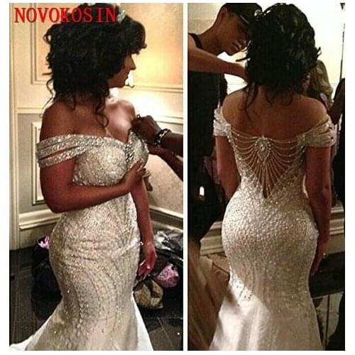 Mermaid Organza Beading Backless Sequin Off Shoulder Bridal Gowns Sweep Train Wedding Dresses Beading Crystal Bridal Vestidos
