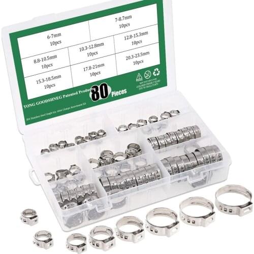 1/4"-15/16" 304 Stainless Steel Single Ear Hose Clamps Clips Pex Pinch Clamp Assortment Kit for Various Hoses Plastic Tubes Use