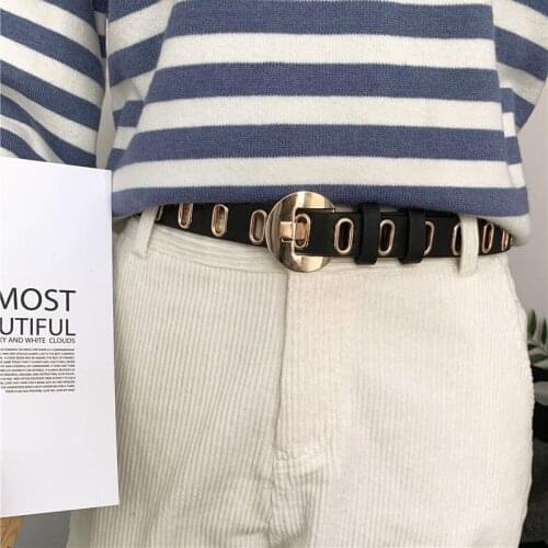 105cm Female Fashion Belt Single Row Hole Eyelet Belt for Women Black Pu Leather Waistband Clothing Decorative