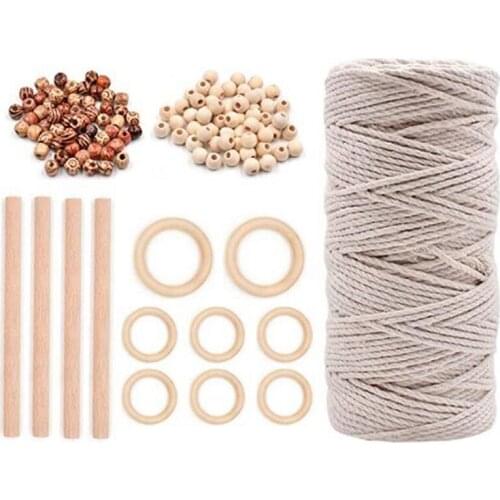 109 Yards Cotton Macrame Rope with 120 Pcs Wood Beads 8Pcs Wood Ring and 4Pcs Wooden Sticks for Wall Hanging,DIY
