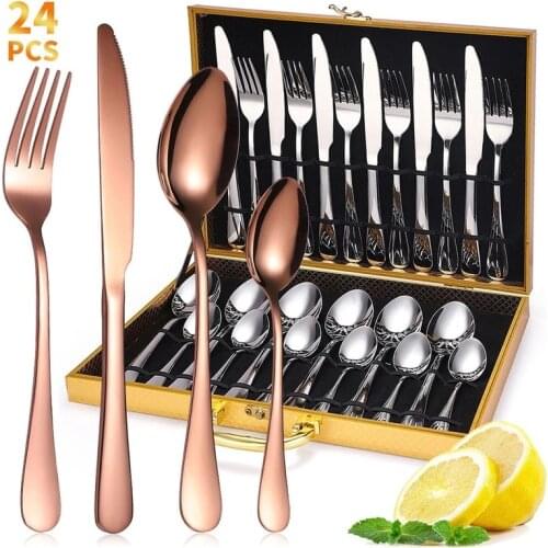 24Pcs Stainless Steel Cutlery Set Wooden Gift Box Nordic Style Family Restaurant Tableware Knife Fork And Spoon Dinnerware Set