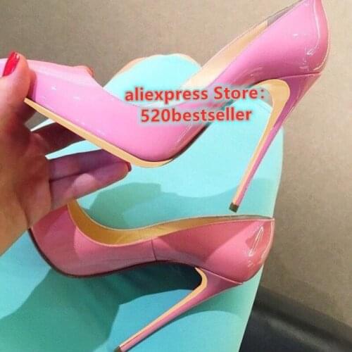 Free shipping women lady pink Patent Leather Prom Evening Shoes shallow Stiletto Heel Poined Toes high heels shoes pump 12CM