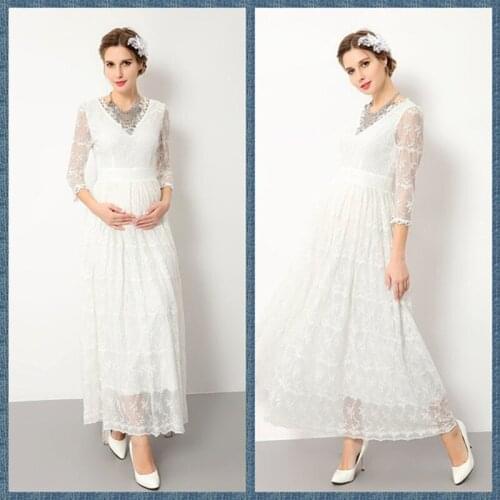 Elegant Maternity Photography Props Pregnancy Dress Lace Robe V-Neck Maxi Gown Maternity Dress White Women Pregnant Long Dresses
