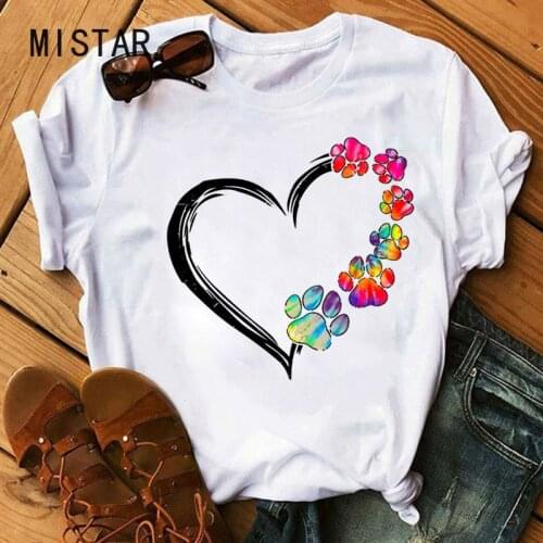 Watercolor Heart Dog Paw Print T Shirt Women Fashion White T-shirt Cartoon Harajuku Tops Tee Short Sleeve Cute Female Tshirts