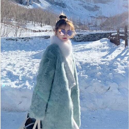 Good quality Green mink fur coat womens mid autumn winter long loose comfortable over knee fur one-piece elegant fashion coat
