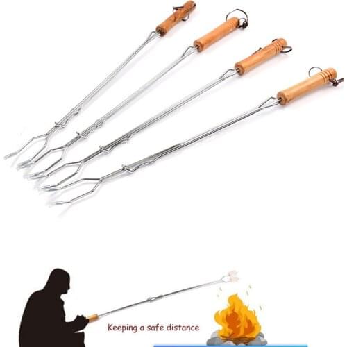 BBQ Clips Barbecue Fork Skewers BBQ Tools Stainless Steel Campfire Utensils Safe Expansion Wooden Handle Overlong Cookware 77cm