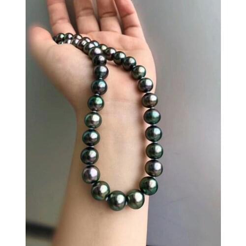 HUGE AAA 10-11MM ROUND SOUTH SEA GENUINE BLACK GREEN PEARL NECKLACE 18" 925silver GOLD