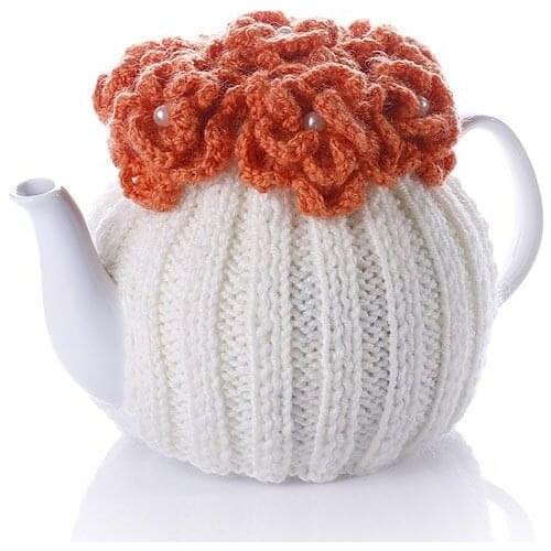 Teapot cover knitted flower (Orange) keeps your tea warm in the teapot Large Length: 16.5 cm