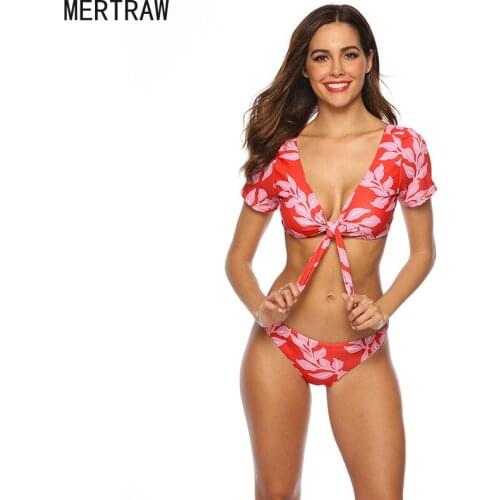 Flower split swimsuit 2020 new chest buttoned half-sleeved printed swimsuit bikini swimwear women