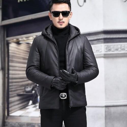 YOLANFAIRY Autumn Winter Genuine Leather Jacket Men Hooded Sheepskin Down Coats and Jackets Mens Fashion Clothes Veste Homme