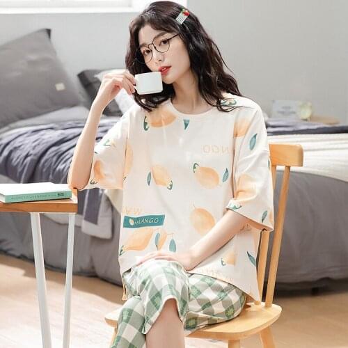 Summer Knitted Cotton Cartoon Pajamas Set Women Short Sleeve Sleepwear Plus Size Fashion Green Plaid Calf-Length Pants Homewear