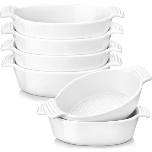 MALACASA 6/12-Piece 200ML Ceramic White Porcelain Bake Plate Dishes with Handle,Souffle Brulee Tapas Pie Baking Pans Ramekins
