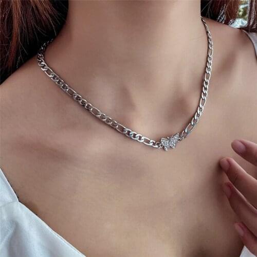 Cute Butterfly Choker Necklace Women Harajuku Style Stainless Steel Collares Punk HipHop Gothic Necklace Longer 16.53in+1.96in