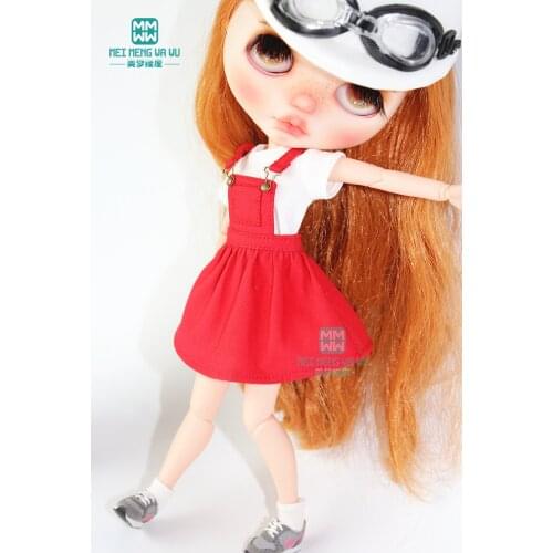 Fashion denim strap dress red, pink, denim blue for 28-30cm Blyth Azone 1/6 doll accessories