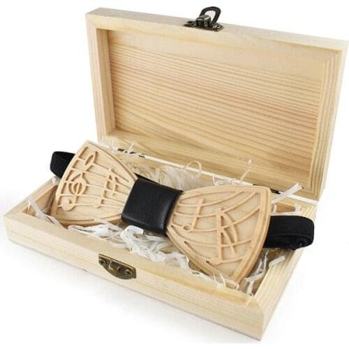 Men Music Note Wave Engrave Carved Wood Bow Tie Suit With Box Novelty Design Unique Wood Tie Wedding Business Party Gift Bowtie