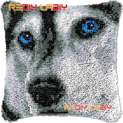 Latch Hook Cushion Husky Face DIY Needlepoint Kits Chunky Acrylic Yarn Arts Crocheting Lofty Pillow Case Hobby & Crafts