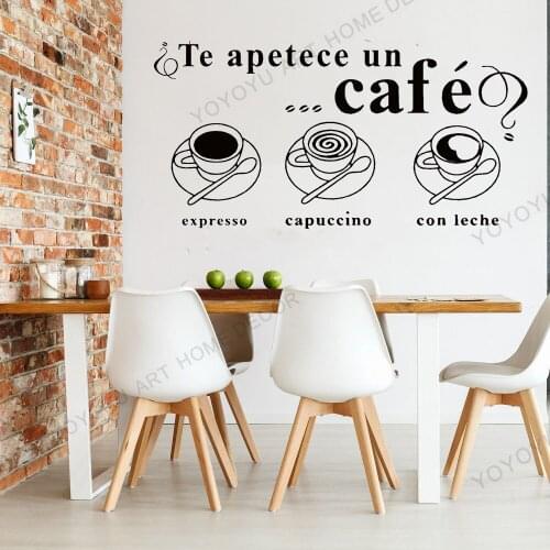 Cafe Wall Stickers Spanish Quotes Te apetece un cafe Home Decor Dining Room Vinyl Kitchen Interior Design Wall Decals rb257