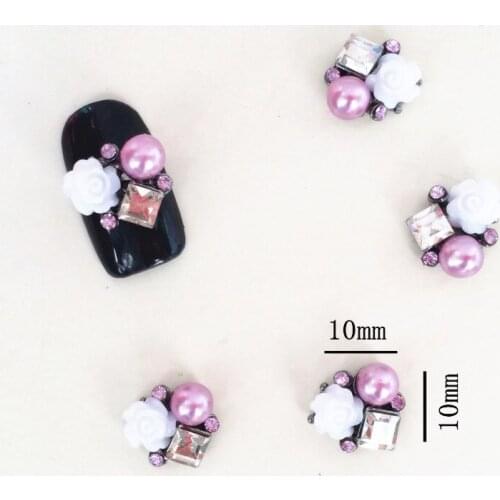 New 10pcs 3D alloy nail art jewelry metal resin rose with glitter rhinestones and pearls nail art charms nail salon supplies