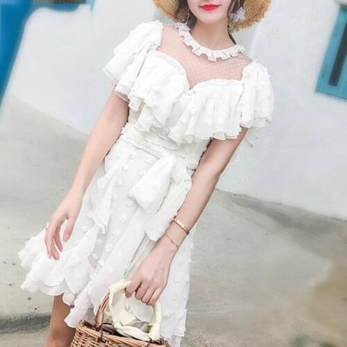 2019 New Ladies Elegant Dress Vintage Mesh Patchwork Ruffles Chiffon Dress Women Party Belt Lace Dress Summer Beach Dress W61