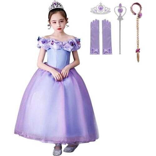 Girls Clothes Purple Princess Cosplay Dress Kids Christmas Party Costume Flowers Print Mesh Ball Gown Dress