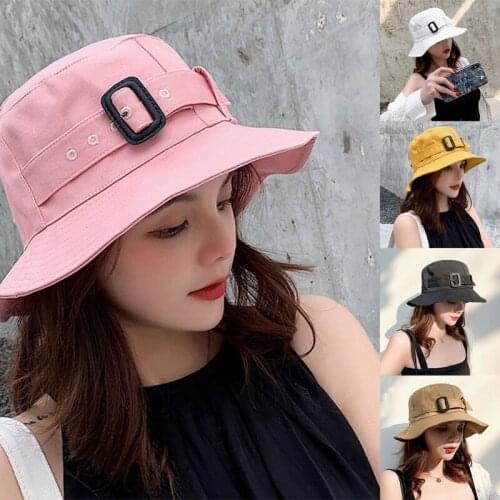 Korean Women Summer Solid Color Bucket Hat Elegant Buckle Belt Outdoor Sun Protection Wide Brim Beach Fisherman Cap