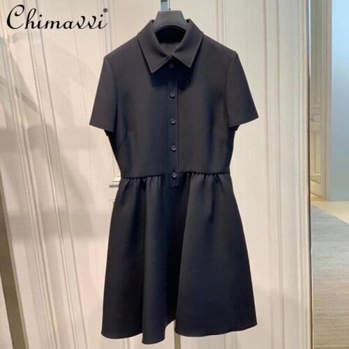 Summer French Elegant Hepburn Single-Breasted Dress Fashion Polo Collar Slim Fit Short Sleeve A- Line Dress Black Dress Women