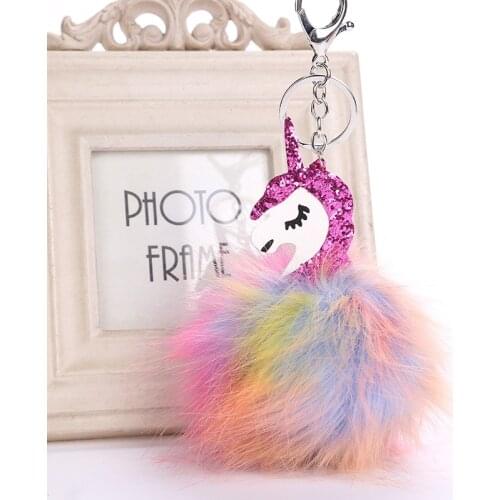 DROPSHIPPING Multi-color Fluffy Unicorn Pompom Faux Rabbit Fur Key Bag Chain Bag Ring Best Gifts For Girl Ladies Unicorn toy