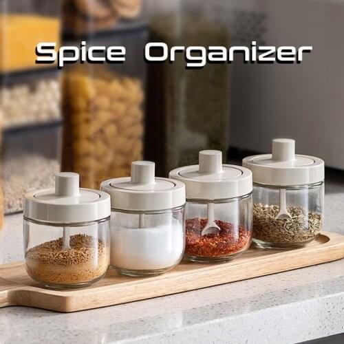 Glass Spice Jars Kitchen Seasoning Organizer Bottle With Spoon Lid Oil Brush Honey Soy Sauce Canister Sets Salt Pepper Shakers