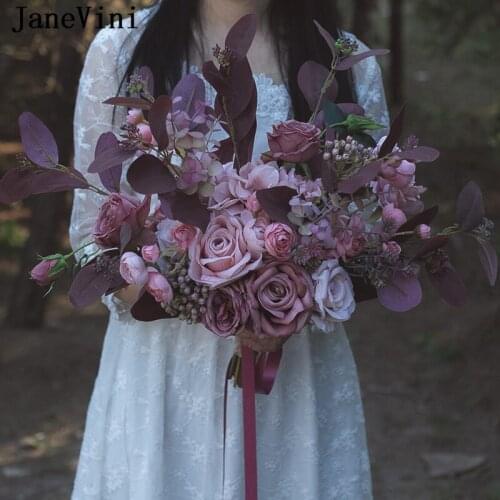 JaneVini Retro Dark Dusty Pink Rose Wedding Flowers Bridal Bouquets Fleurs Soie Silk Artificial Bride Hand Flower Accessories