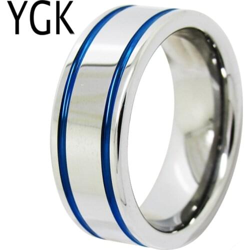 YGK Wedding Jewelry Silver Pipe With Blue Grooves New Tungsten Rings for Mens Bridegroom Wedding Engagement Anniversary Ring